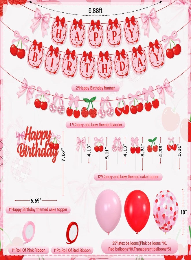 K KUMEED Cherry Birthday Decorations,Cute Happy Birthday Cherry and Bow Banner,Summer Fruit Cherries Party Supplies Cake Topper Latex Balloons for Birthday Party Decorations - Image 2