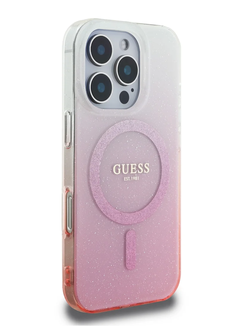 GUESS Magsafe IML Glitter Gradient Hard Case for iPhone 16 Pro / Slim Profile/ Easy Snap-On / Comfortable Grip - Pink