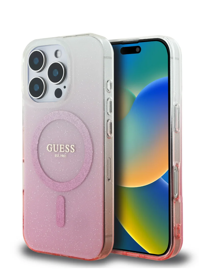 GUESS Magsafe IML Glitter Gradient Hard Case for iPhone 16 Pro / Slim Profile/ Easy Snap-On / Comfortable Grip - Pink