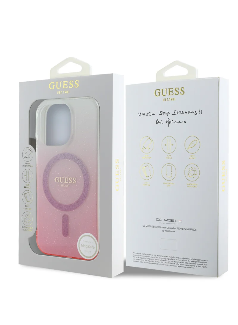 GUESS Magsafe IML Glitter Gradient Hard Case for iPhone 16 Pro / Slim Profile/ Easy Snap-On / Comfortable Grip - Pink