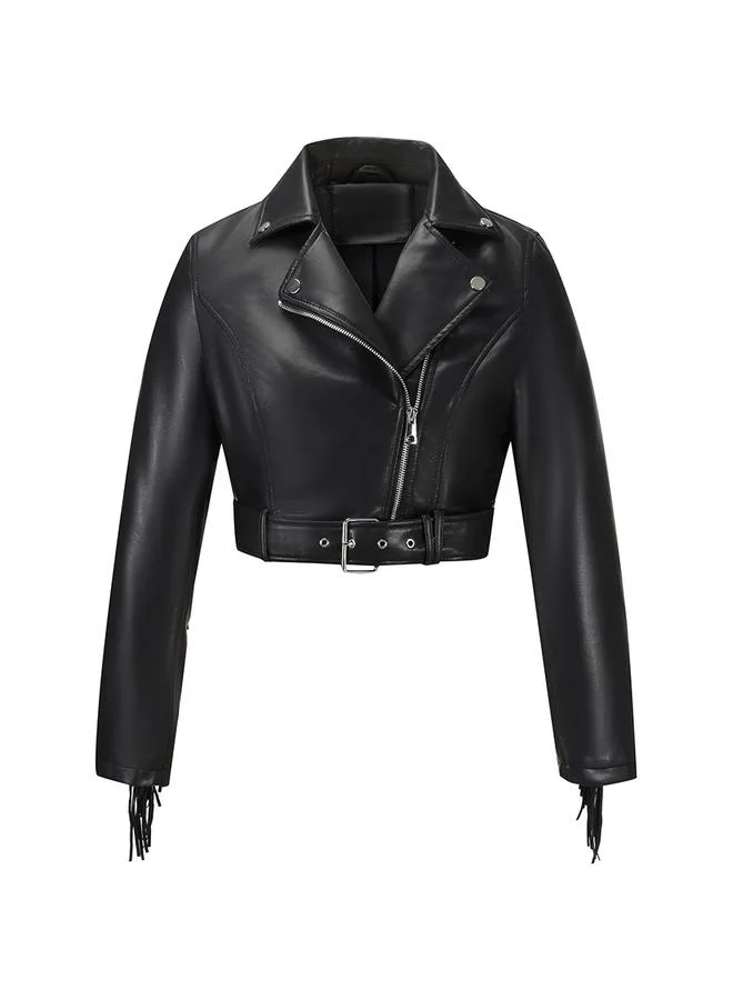 Take Two Black Cropped Fringe Biker Jacket