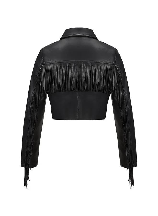 Take Two Black Cropped Fringe Biker Jacket