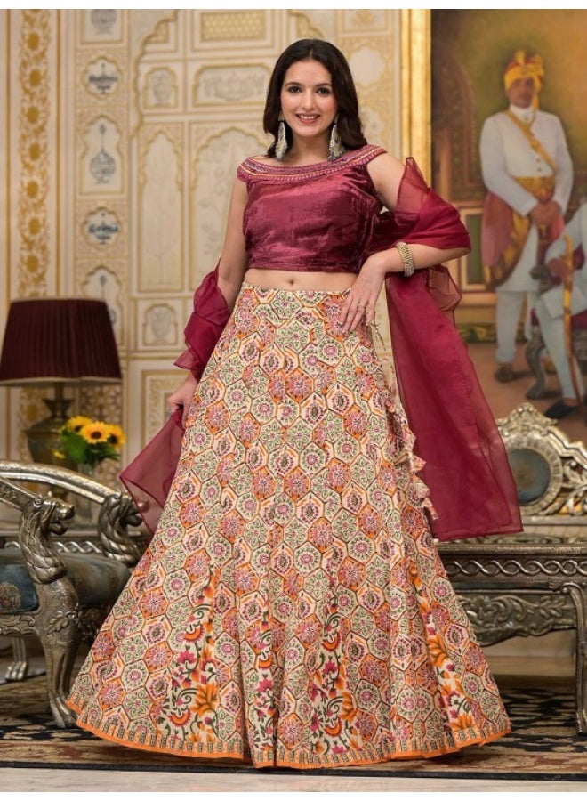 AKS Beige Lehenga Choli with Velvet Blouse - Image 1