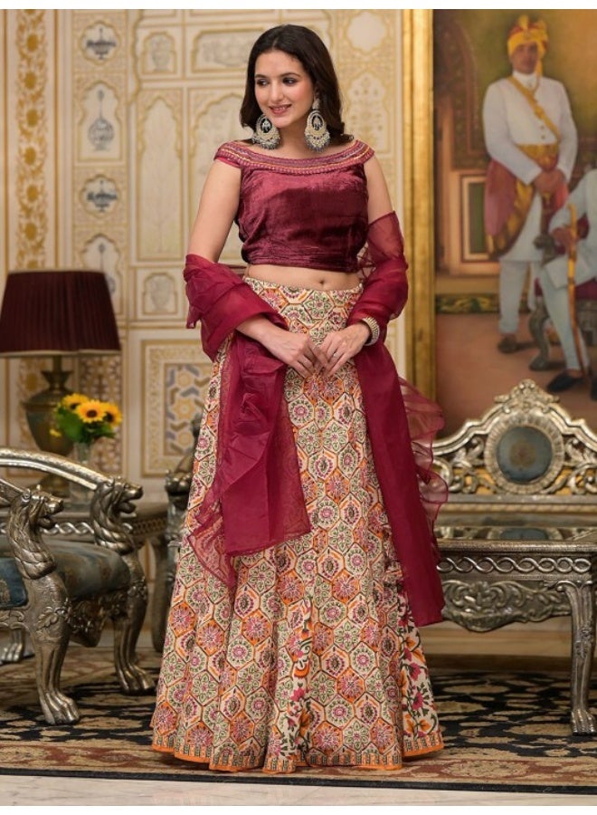 AKS Beige Lehenga Choli with Velvet Blouse - Image 3