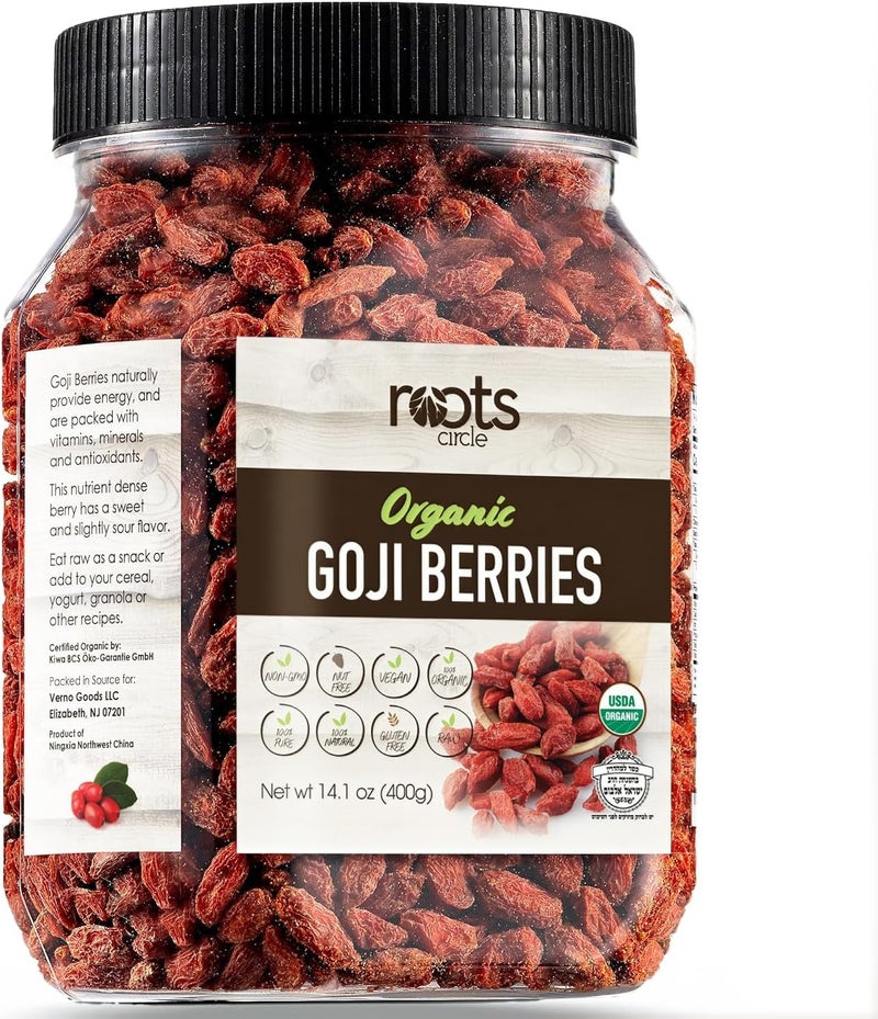 Roots Circle USDA Organic Dried Goji Berries, 14.1 oz Jar - Superfood Snack - Image 1