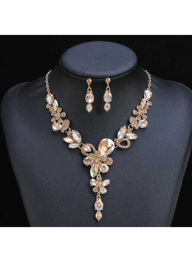 Spring New European And American Retro Necklace Earrings Two-piece Flower Crystal Double Flower