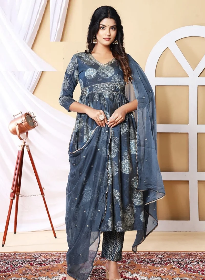 Studio blue Charcoal Grey Printed Three-Piece Set with Dupatta