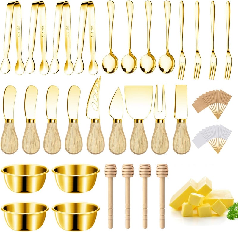 Mlurcu Charcuterie Boards Accessories Gold Charcuterie Utensils Cheese Butter Spreader Knife Set Small Serving Tongs Forks and Spoons Dipping Bowls Honey Dippers Toothpick Flags for Party Platter Making - Image 1