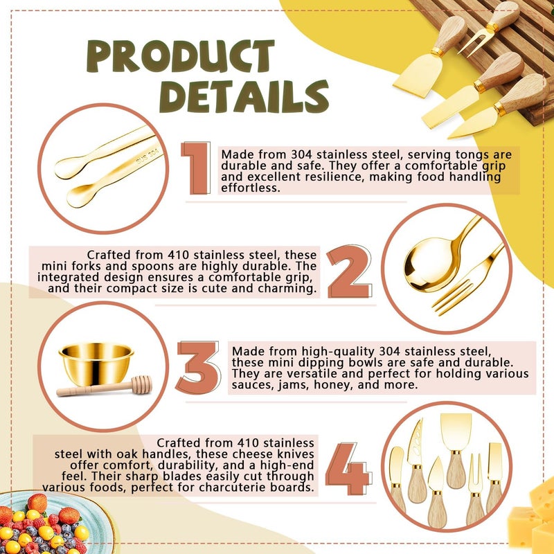 Mlurcu Charcuterie Boards Accessories Gold Charcuterie Utensils Cheese Butter Spreader Knife Set Small Serving Tongs Forks and Spoons Dipping Bowls Honey Dippers Toothpick Flags for Party Platter Making - Image 3