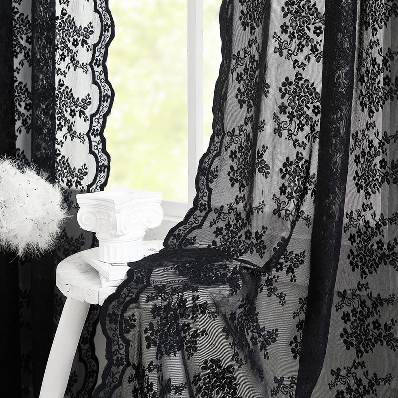 YJ YANJUN Black Sheer Curtains 54 inch Length Goth Victorian Kitchen Lace Curtain Panel Halloween Short Curtains for Bathroom Window CoffinWitchyGothic Home Decor 52 x 54 Inch Black