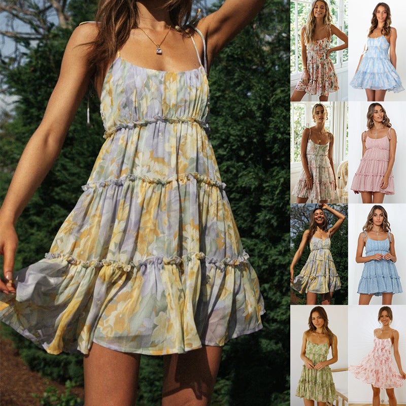 New Summer European American Vacation Print Spaghetti Strap Dress - Image 1