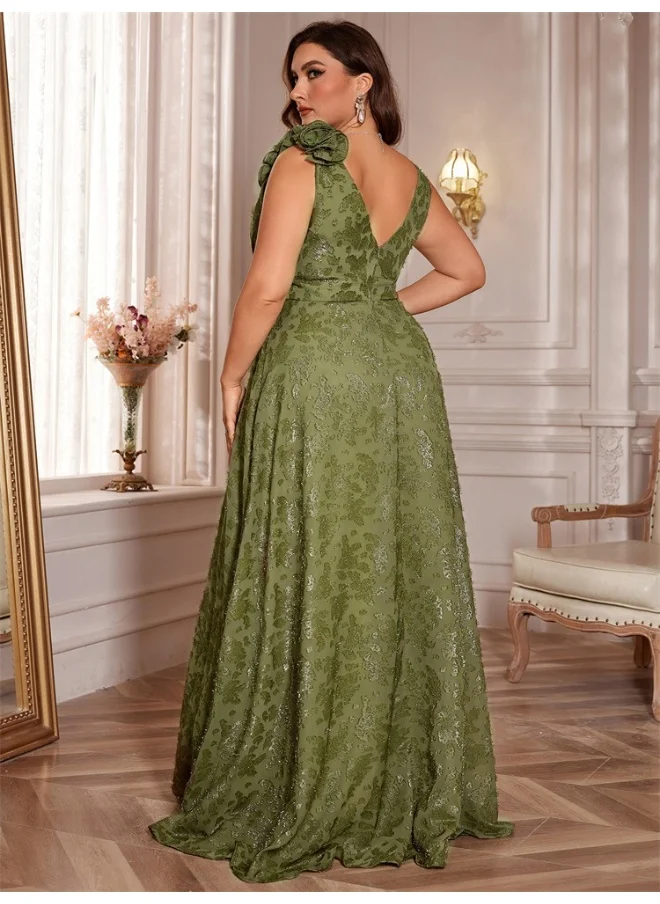 Madam Uniq Olive Green Plus Size V-Neck Evening Dress - Stylish and Elegant Party Gown for Women