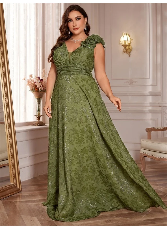 Madam Uniq Olive Green Plus Size V-Neck Evening Dress - Stylish and Elegant Party Gown for Women