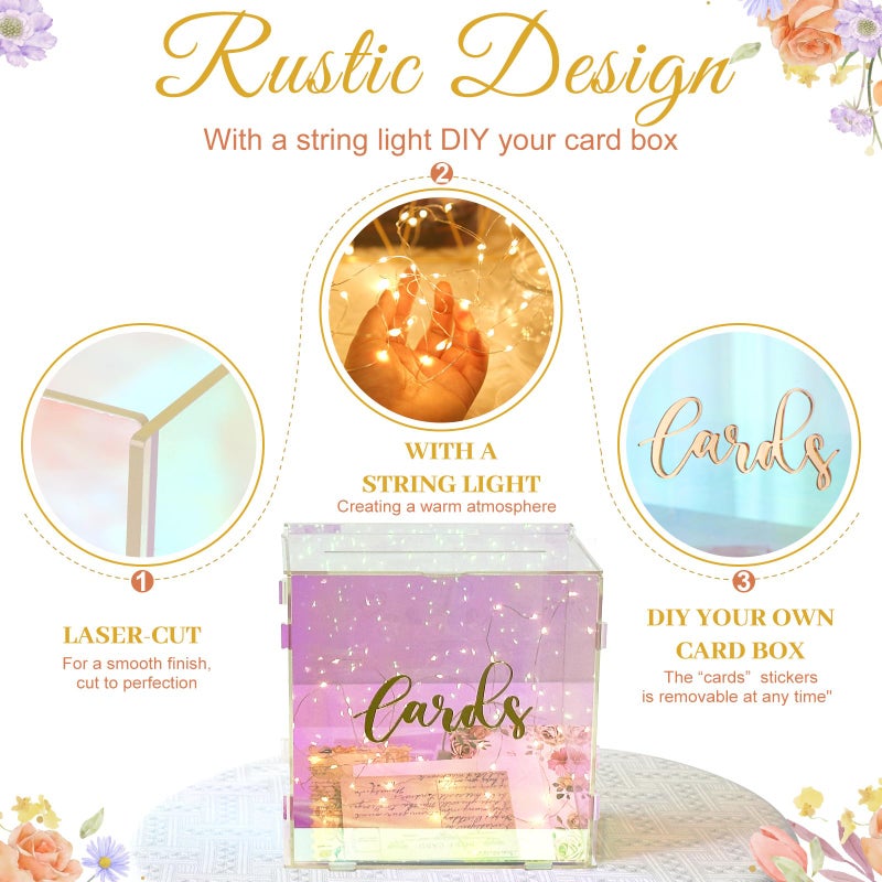 OurWarm Acrylic Wedding Card Box with String Light, Colorful Gift Card Box for Wedding Decorations for Reception, Money Box for Party Reception Anniversary Birthday Graduation Card Box - Image 5