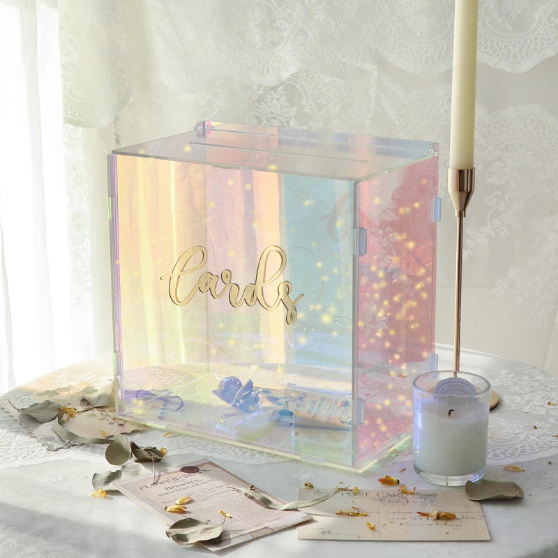 OurWarm Acrylic Wedding Card Box with String Light, Colorful Gift Card Box for Wedding Decorations for Reception, Money Box for Party Reception Anniversary Birthday Graduation Card Box - Image 1