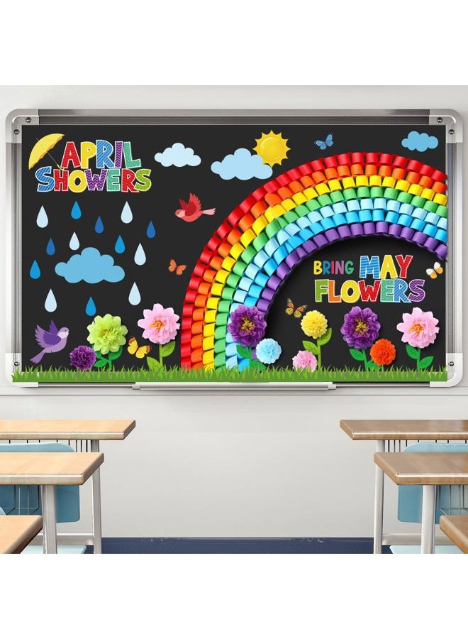 Blosssound 253 Pcs Spring Classroom Decorations April Showers Bring May Flowers Bulletin Board Set with Glue Points Colorful Floral Rainbow Cutouts Wall Decals for School Home Window Party Decor - Image 1
