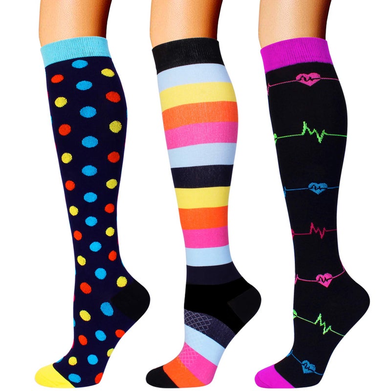 Double Couple 3 Pairs Compression Socks for Women Men Knee High Stocking for Sports Running Travel Nurses - Image 1