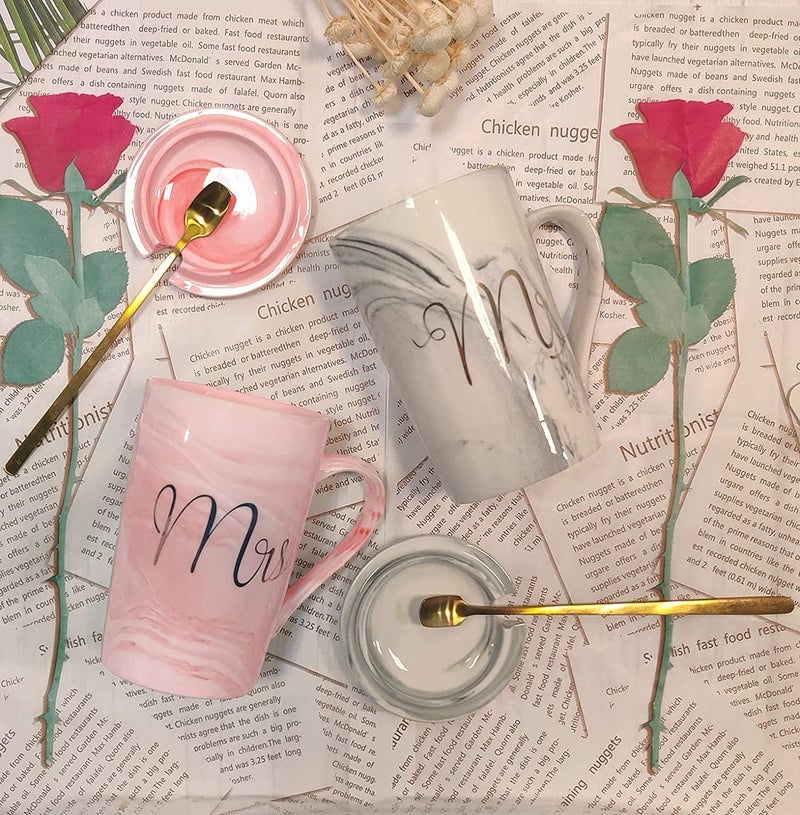 Coffee Mug with Lid and Spoon 400ml Ceramic Marble Finish MR Couples Gift for Anniversary Wedding Birthday Engagement Valentine Gifts for Couple (MR Mug with Lid)