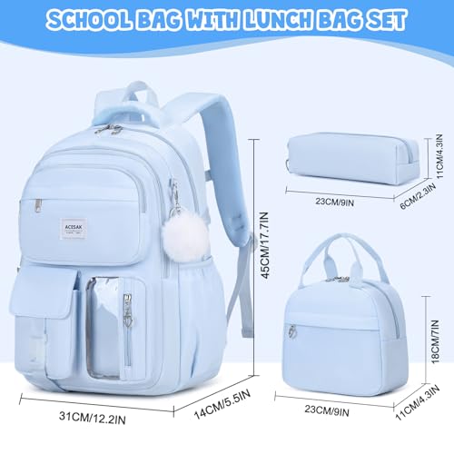 ACESAK Backpack for Girls Girls Backpack with Lunch Bag Pencil Pouch for Teen Kids Laptop Backpack for Women Elementary Middle High School Bookbag Travel Daypack Blue - Image 3