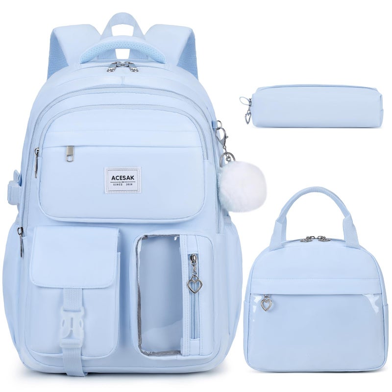 ACESAK Backpack for Girls Girls Backpack with Lunch Bag Pencil Pouch for Teen Kids Laptop Backpack for Women Elementary Middle High School Bookbag Travel Daypack Blue - Image 2