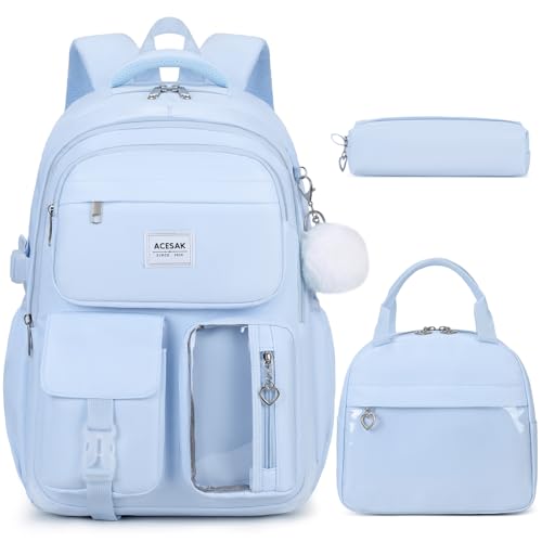 ACESAK Backpack for Girls Girls Backpack with Lunch Bag Pencil Pouch for Teen Kids Laptop Backpack for Women Elementary Middle High School Bookbag Travel Daypack Blue - Image 1