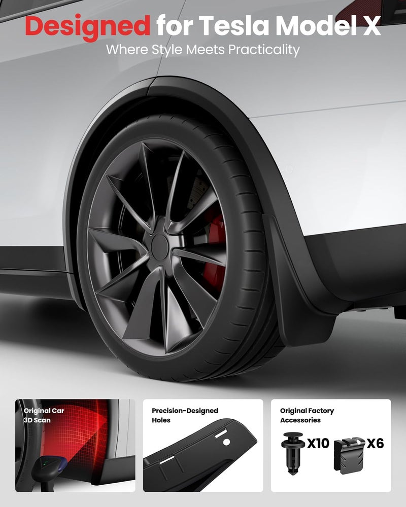 REEVAA 2025 Tesla Model X Accessories - Mud Flaps [Protect Paint, No Drilling Required] All-Weather Mud Splash Guard Body Kits for Model X 2022-2025, Black (Set of 4) - Image 3