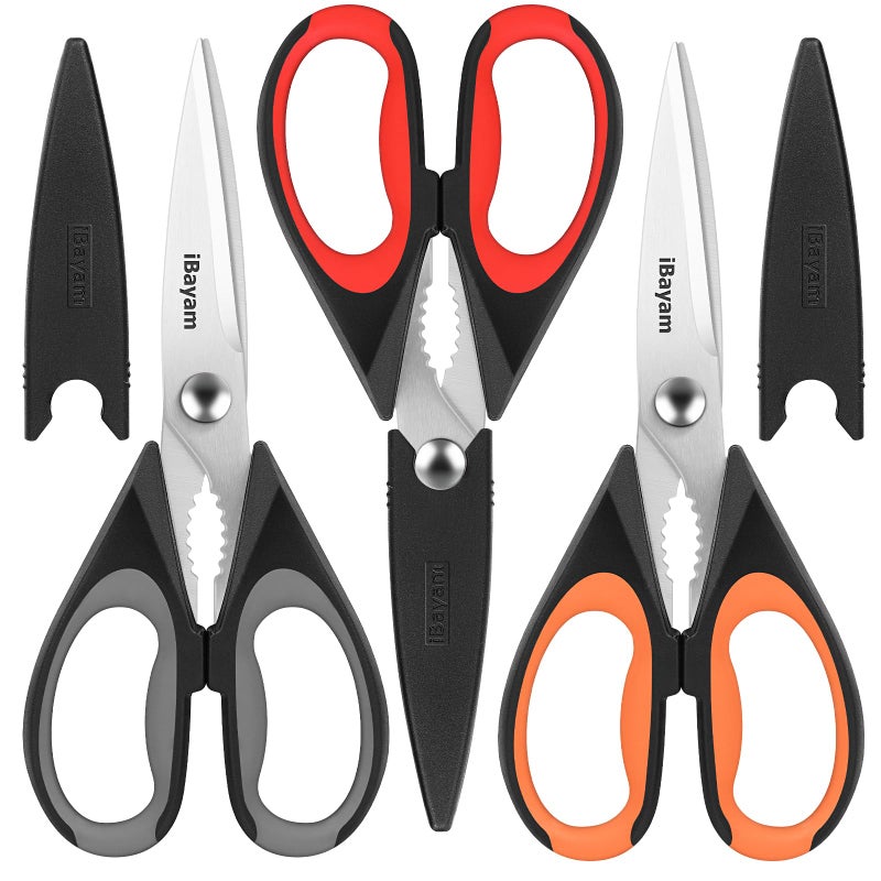 iBayam 3Pack 85Kitchen Scissors All Purpose Heavy Duty with Protective Sheath Soft Grip Comfort Handle Dishwasher Safe Kitchen Utensils Gadgets Set Stainless Cooking Meat Poultry Food Shears