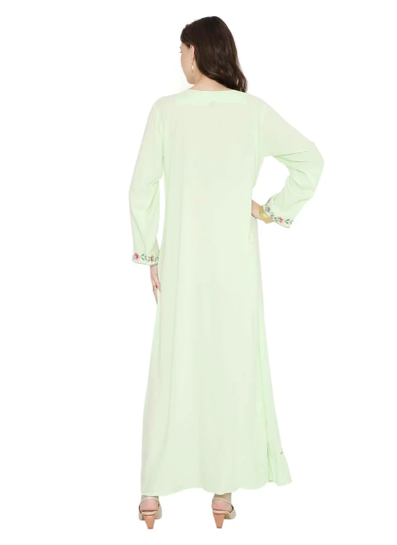 HANA & SARA PASTEL GREEN COLOUR LONG VISCOSE DRESS WITH FLORAL EMBROIDERY ELEGANT ARABIC KAFTAN JALABIYA DRESS