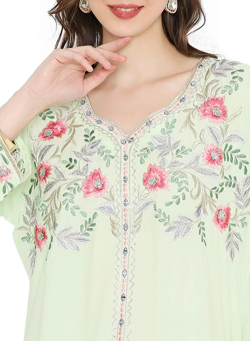 HANA & SARA PASTEL GREEN COLOUR LONG VISCOSE DRESS WITH FLORAL EMBROIDERY ELEGANT ARABIC KAFTAN JALABIYA DRESS