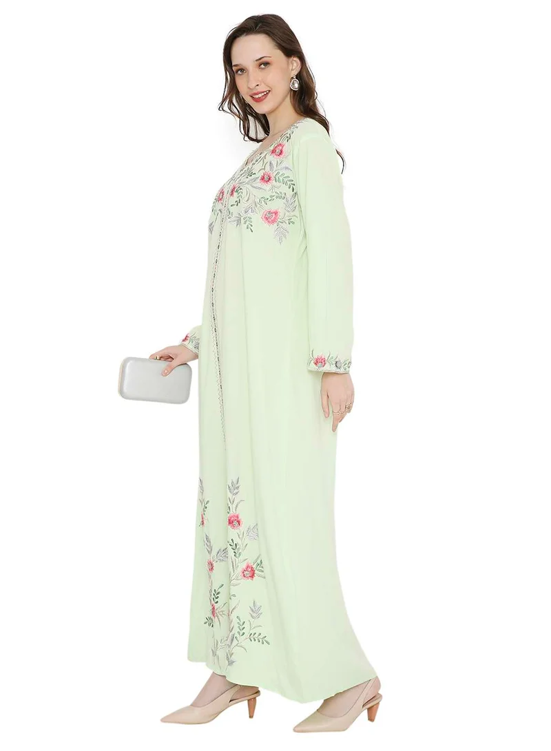 HANA & SARA PASTEL GREEN COLOUR LONG VISCOSE DRESS WITH FLORAL EMBROIDERY ELEGANT ARABIC KAFTAN JALABIYA DRESS