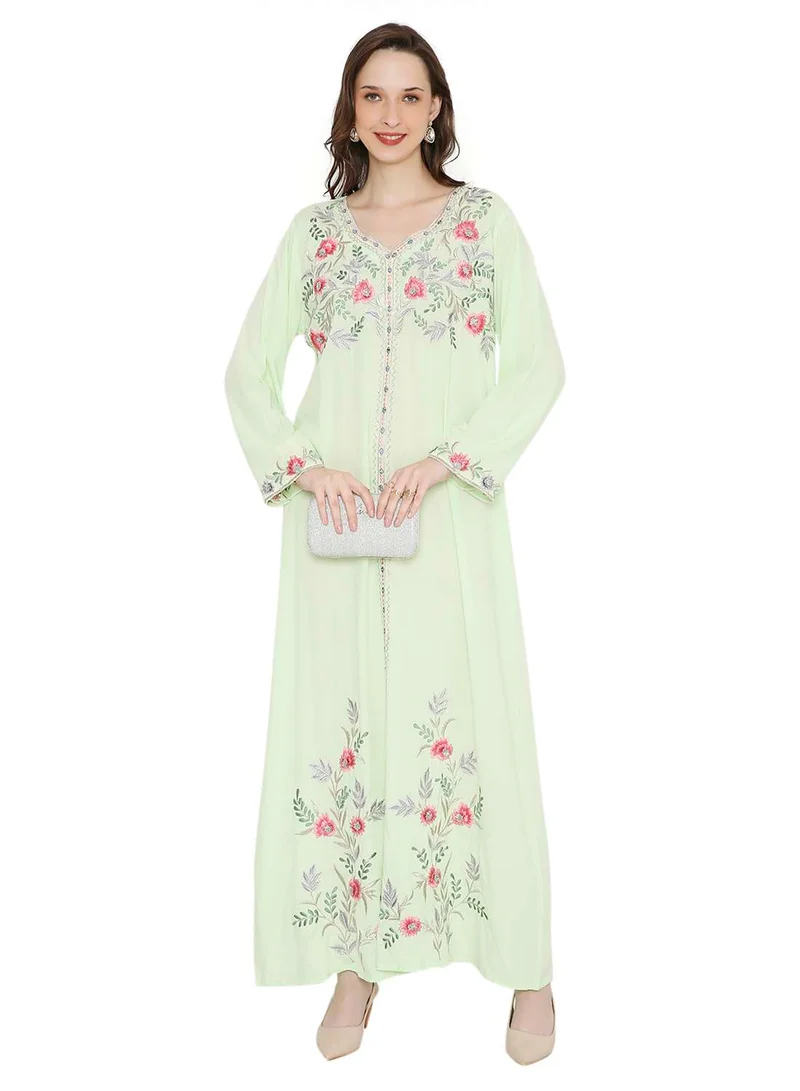 HANA & SARA PASTEL GREEN COLOUR LONG VISCOSE DRESS WITH FLORAL EMBROIDERY ELEGANT ARABIC KAFTAN JALABIYA DRESS