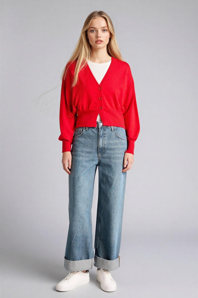 DeFacto Red Woman Oversize Fit V-Neck Cardigan Casual - Image 2