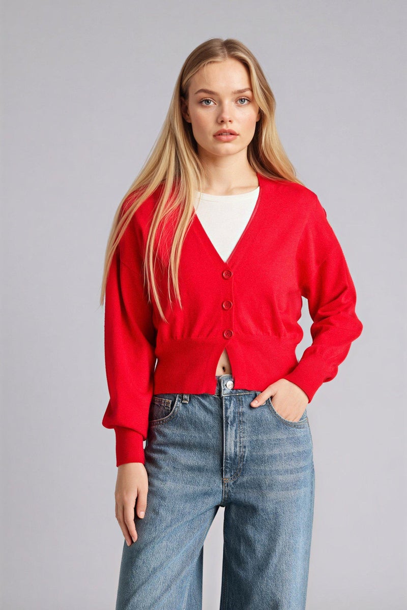 DeFacto Red Woman Oversize Fit V-Neck Cardigan Casual - Image 3