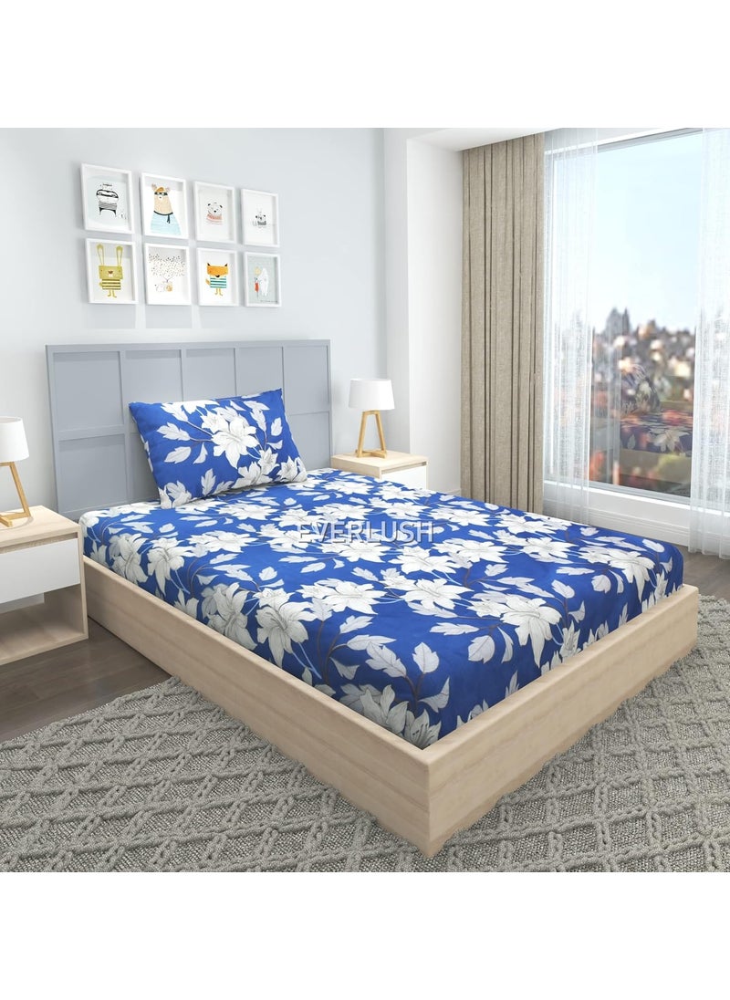EVERLUSH - EVERLUSH 180 TC Glace Cotton Single Bed Size Elastic Fitted Bedsheet with 1 Pillow Cover, Size - 36 x 72 (Blue Flower) - Image 1