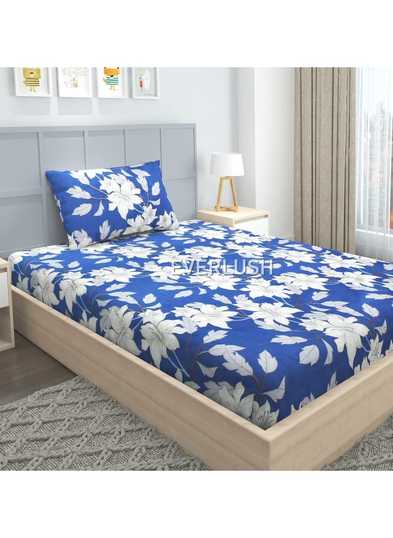 EVERLUSH - EVERLUSH 180 TC Glace Cotton Single Bed Size Elastic Fitted Bedsheet with 1 Pillow Cover, Size - 36 x 72 (Blue Flower) - Image 1