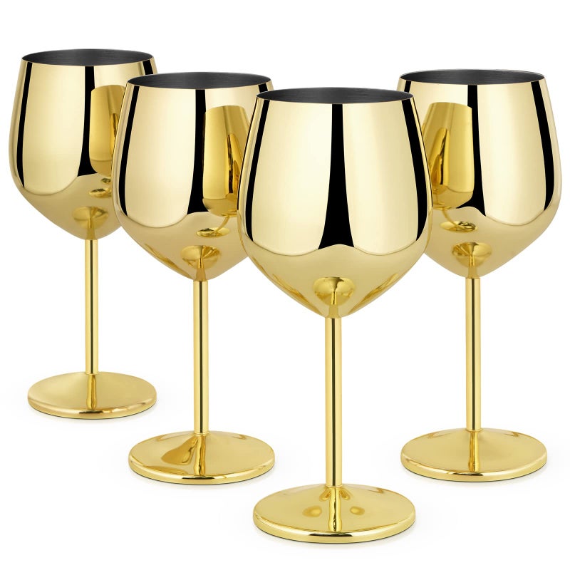 Lifecapido Stainless Steel Wine Glasses Set of 4 18oz Stainless Steel Wine Goblets Stemmed Metal Wine Glasses with Cup Brush for Party Office Wedding Anniversary Great for Red White Wine Gold