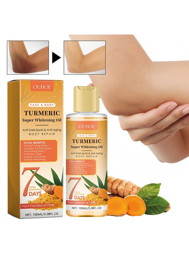 أوهو زيت تبييض الكركم الفائق ، مضاد للبقع الداكنة وإصلاح الجسم المضاد للشيخوخة ، إصلاح حاجز البشرة ، تنعيم ، شد ، تفتيح وتبييض ، تلاشي داكن المفاصل 100 مل - Image 1