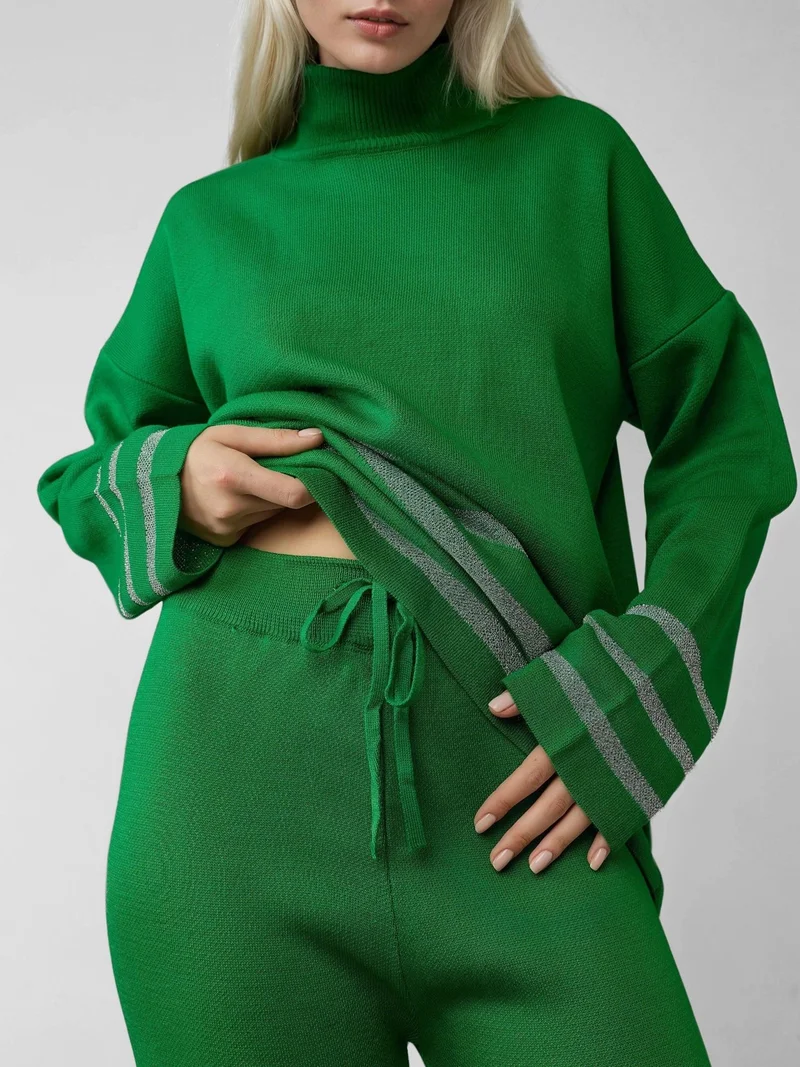MY FASHION Green MY FASHION Striped Ribbed Knit Co-Ord Set with Sequin Detail for Women | Best Price UAE
