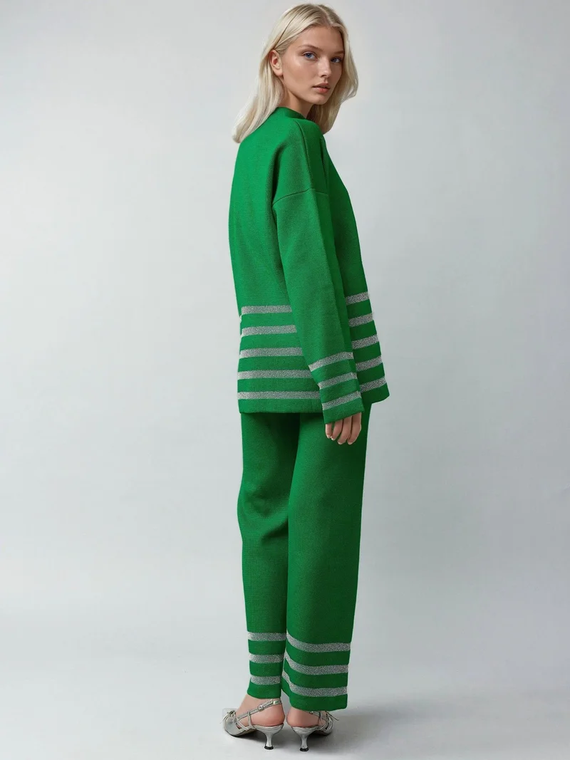 MY FASHION Green MY FASHION Striped Ribbed Knit Co-Ord Set with Sequin Detail for Women | Best Price UAE