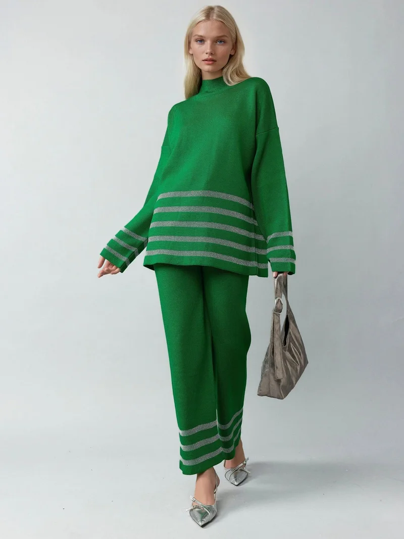 MY FASHION MY FASHION Striped Ribbed Knit Co-Ord Set with Sequin Detail