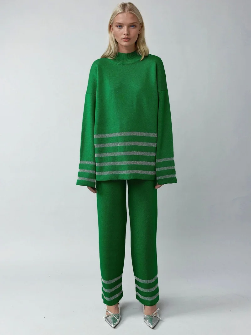 MY FASHION Green MY FASHION Striped Ribbed Knit Co-Ord Set with Sequin Detail for Women | Best Price UAE