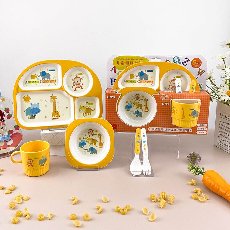 Melamine Bamboo Fiber Children'S Suit Creative Cartoon Bowl Compartment Dinner Plate Spoon Fork Cup Five-Piece Gift Tableware - Image 4