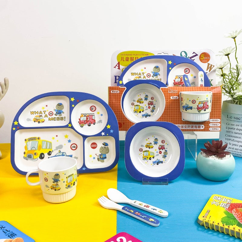 Melamine Bamboo Fiber Children'S Suit Creative Cartoon Bowl Compartment Dinner Plate Spoon Fork Cup Five-Piece Gift Tableware - Image 3