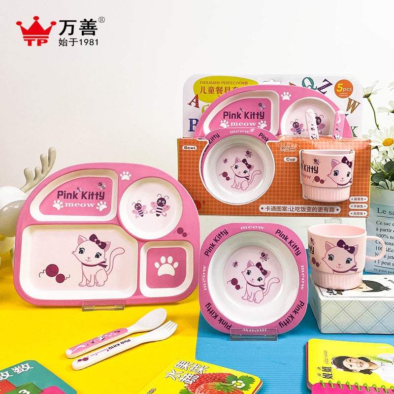 Melamine Bamboo Fiber Children'S Suit Creative Cartoon Bowl Compartment Dinner Plate Spoon Fork Cup Five-Piece Gift Tableware - Image 2