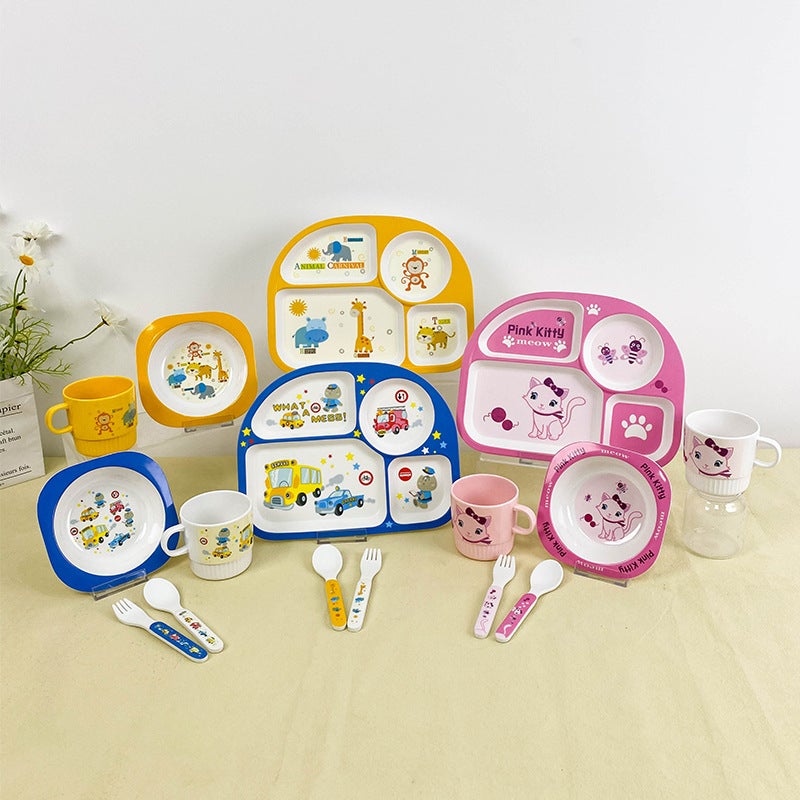 Melamine Bamboo Fiber Children'S Suit Creative Cartoon Bowl Compartment Dinner Plate Spoon Fork Cup Five-Piece Gift Tableware - Image 5