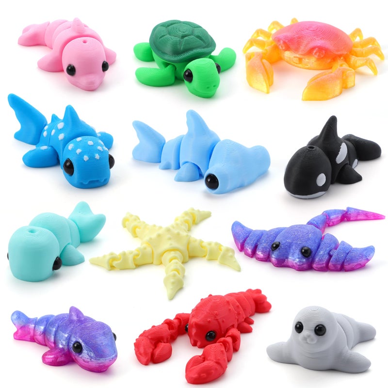 JOYIN 12 Pcs 3D Printed Ocean Animals Set, Mini Animals 3D Printed Toys - Cute Articulated Flexible Figurines Fidget Toys for Easter Party Favors Birthday Gifts Desk Pets Office Home Decor - Image 1