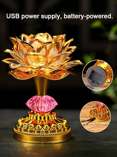Omeet Colorful LED Lotus Buddhist Lamp, Built 13 Buddhist Songs, Gradient Buddha Light for Worship, Prayer and Display, Low Power Consumption, Eco, Buddhist Supplies - Gold - Image 3