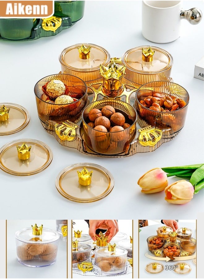 Aikenn - Rotating Fruit Plate 5 Rotating Trays Rotating Snack Tray With Lid 5 Removable Snack Bowls Snack Display Plate Removable Dried Fruit Storage Plate Suitable For Vegetables Candy Nuts Cookies Chips Party（Brown） - Image 1
