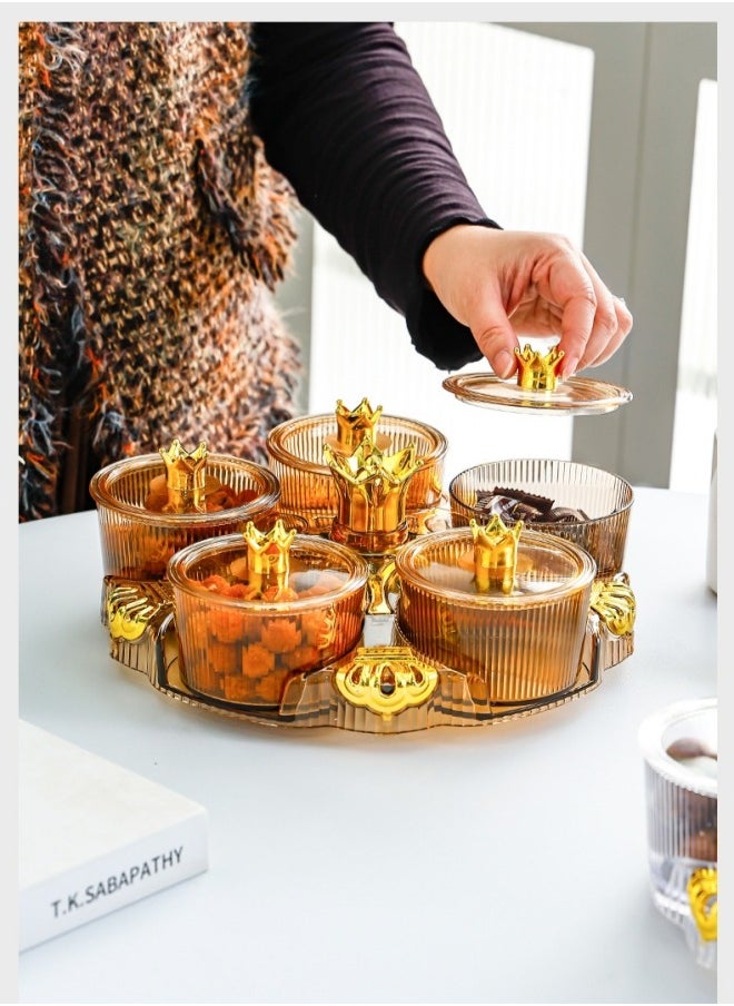 Aikenn - Rotating Fruit Plate 5 Rotating Trays Rotating Snack Tray With Lid 5 Removable Snack Bowls Snack Display Plate Removable Dried Fruit Storage Plate Suitable For Vegetables Candy Nuts Cookies Chips Party（Brown） - Image 1