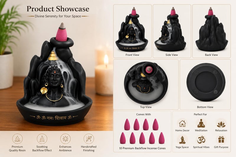 INSHREYS Lord Adiyogi Shiva Statue with Incense Folder, Mahadev Murti for Mandir, Home/Office Decor with Free 10 Incense Cones - Image 2